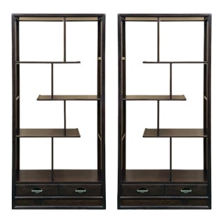 Pair Asian Inspired Asymmetrical Dark Brown Shelving Display Cabinet Divider For Sale
