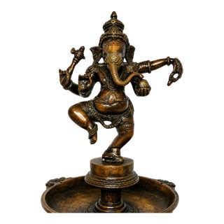 Dancing Ganesha Metal Sculpture on Pedestal Base For Sale