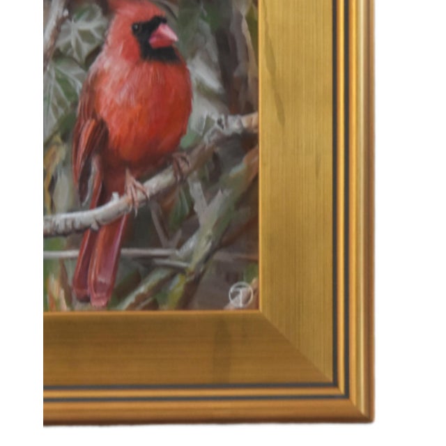 Wildlife Nature Red Cardinal Bird portrait study, acrylic painting on artist panel. Included are the antiqued gold wood...