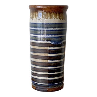 Tall Mid-Century Studio Pottery Vase With Striped Glaze For Sale