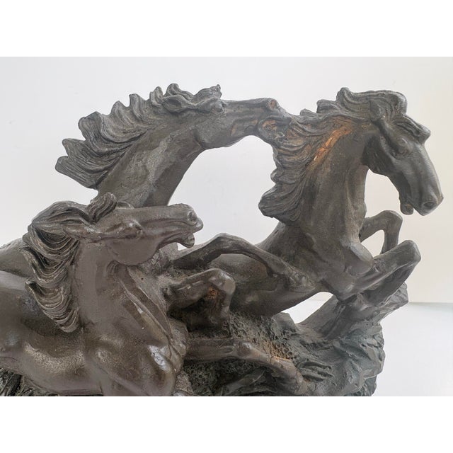 Metal Vintage Cast Iron Galloping Horses Sculpture With Bronze-Tone Finish on Black Base For Sale - Image 7 of 12