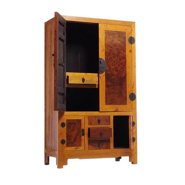 20th Century Chinese TwoTone Burl Wood, Elmwood Armoire With Doors and