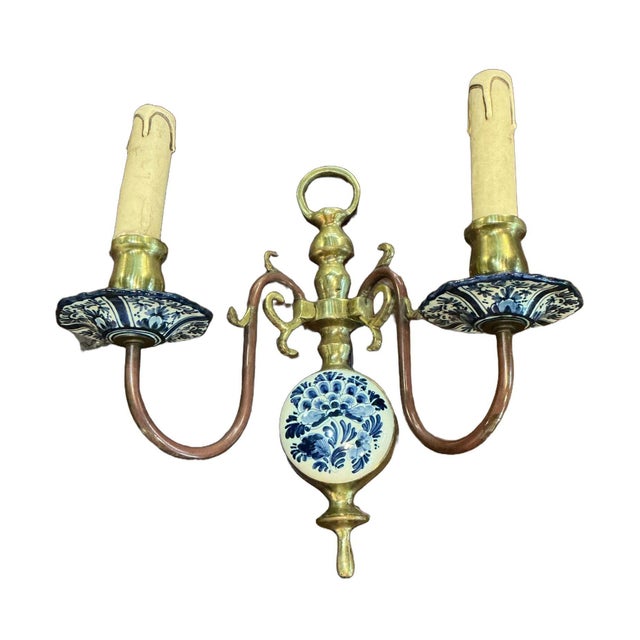 Blue Mid 20th Century Dutch Delft Hand Painted Sconces - Pair For Sale - Image 8 of 13