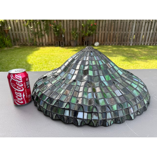 Mid-20th Century 20'' Tiffany-Style Leaded Green Slag Glass Lotus Leaf Lamp Shade For Sale - Image 9 of 18
