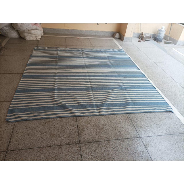 Sky Blue Handmade Thick Woolen Flat Weave Rug, Sky Blue and White Striped Wool Rug - 8'x8' For Sale - Image 8 of 14