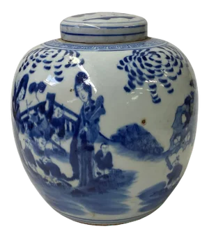 Oriental Hand-Paint People Scenery Graphic Blue White Porcelain Ginger Jar