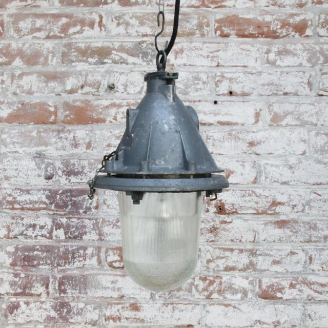 Vintage Industrial Clear Striped Glass & Gray Pendant Light For Sale - Image 6 of 6