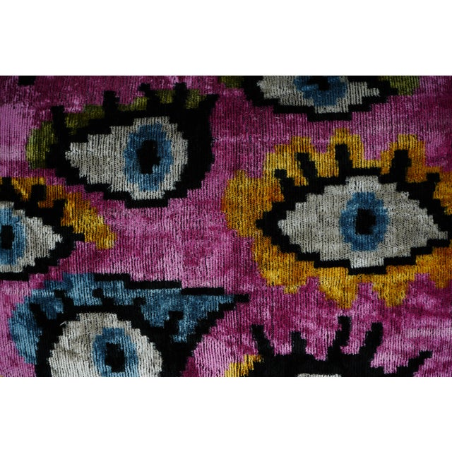 1990s Pink Ikat Velvet Evil Eye Pillow Cover – Handmade Uzbek Decorative Throw Cushion 16'' X 24'' For Sale - Image 5 of 6