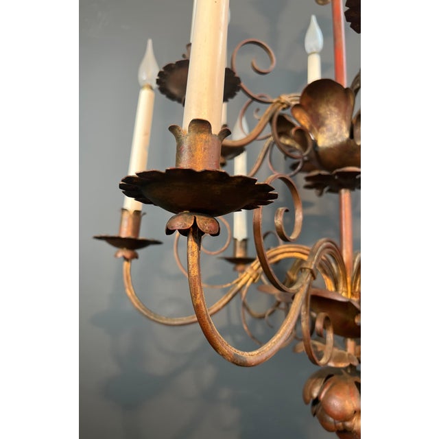Metal 1940s Large 2-tier chandelier in gold metal with 12 lights in the style of Maison Baguès For Sale - Image 7 of 12