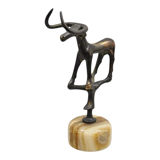 Vintage Brutalist Mid Century Modern Bronze Bull Marble Base Small Sculpture For Sale