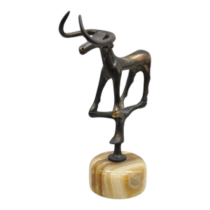 Vintage Brutalist Mid Century Modern Bronze Bull Marble Base Small Sculpture