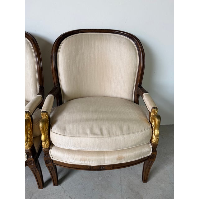 Vintage French Empire Style Swan Armchairs With Gilded Carved Arms – A Pair For Sale - Image 9 of 12