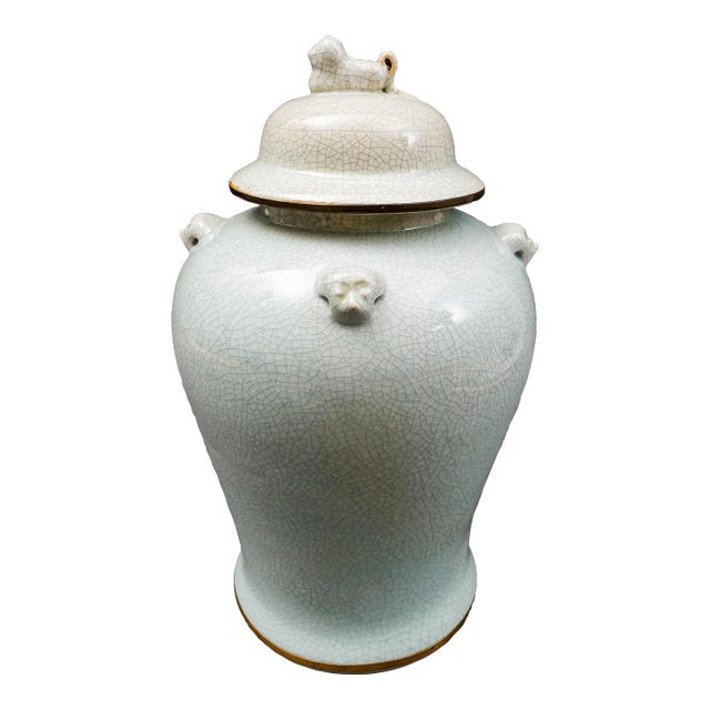 Mid 20th Century Maitland Smith Celadon Crackle Glazed Porcelain Foo Dogs Large Lidded Ginger Jar For Sale