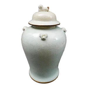 Mid 20th Century Maitland Smith Celadon Crackle Glazed Porcelain Foo Dogs Large Lidded Ginger Jar