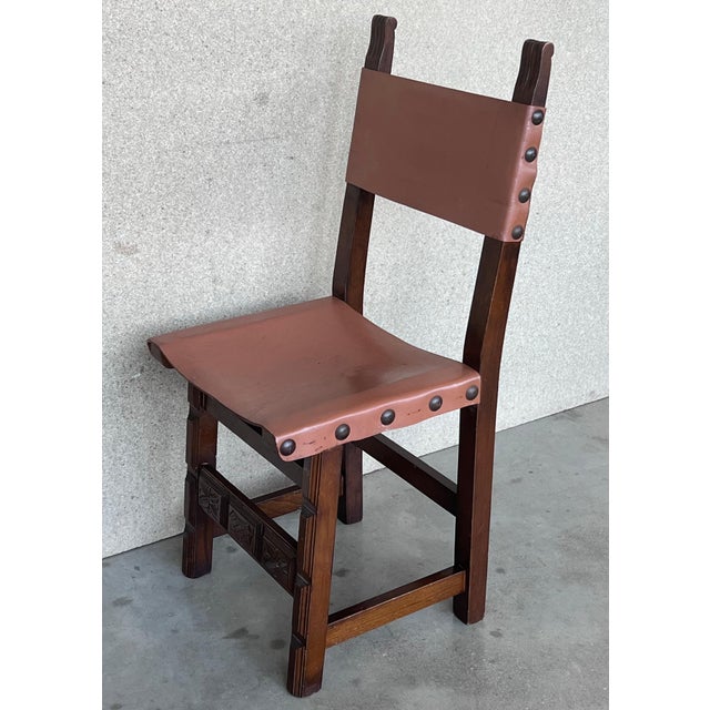 19th Set of Six Spanish Carved Chairs with Leather Seat and Back For Sale - Image 17 of 18