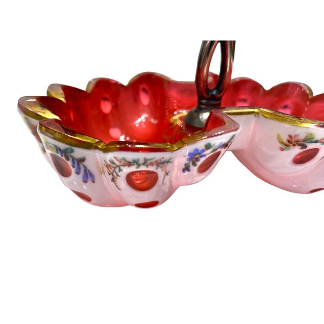 Antique Viennese Biedermeier Ruby Opaline Glass Bonbon Dish With Gilt Floral Enamel Decoration & Silver Handle, c.1830 For Sale In San Francisco - Image 6 of 16