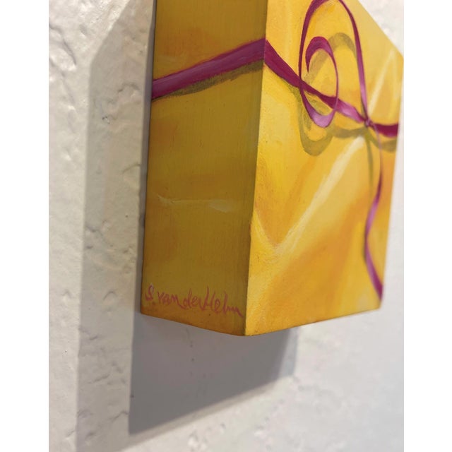 Gold Gift Box by Sarah van der Helm | Oil on Cradled Panel Painting of a wrapped gift box with ribbon For Sale - Image 4 of 5