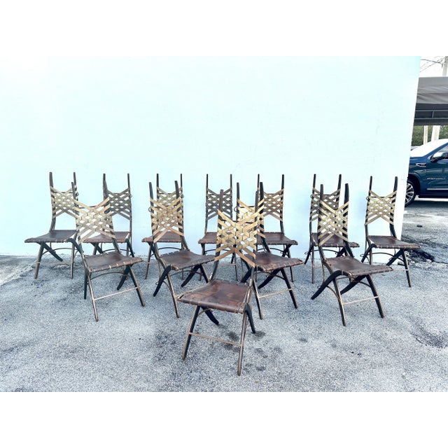Alberto Marconetti Original Oak, Iron & Leather Straps Dining Chairs - Set of 12 For Sale - Image 10 of 12