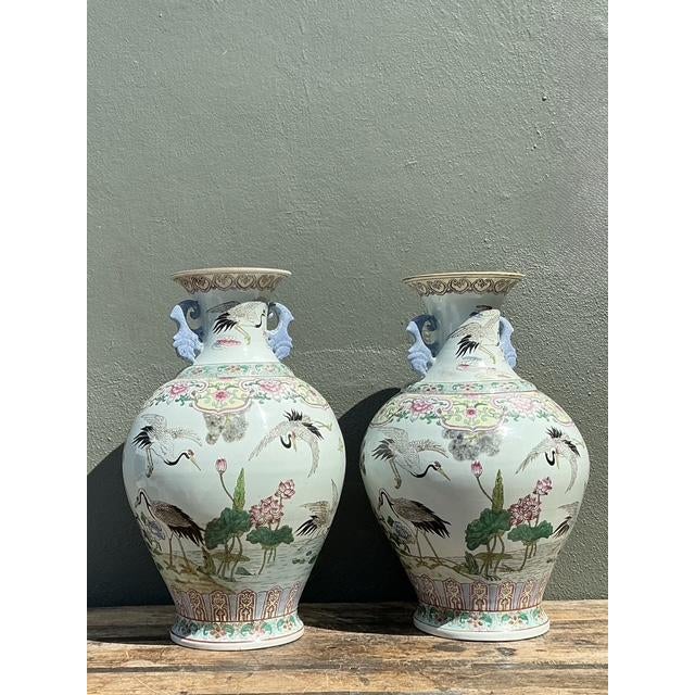 Late 20th Century Vintage Asian Hand Painted Crane Urns - A Pair For Sale - Image 5 of 12