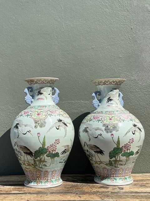 Vintage Asian Hand Painted Crane Urns - A Pair - Top view