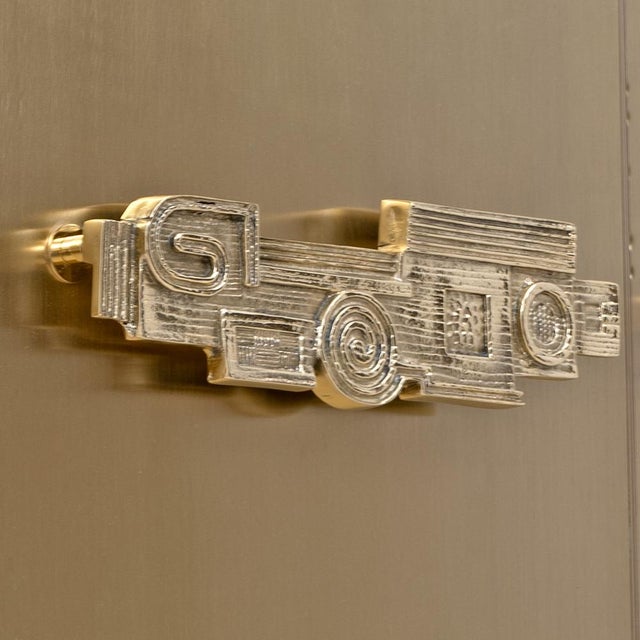Wood Italian Brass Bar Cabinet with Sculptural Cast Brass Handles, 1980 For Sale - Image 7 of 11