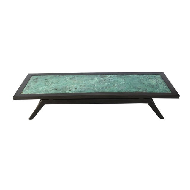 Mid-Century Modern Vintage 60's Rectangular Cocktail Table With Stained Black Wood and Patinated Copper Oxidized Turquoise Top For Sale - Image 3 of 10