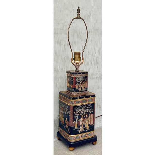 Vintage Mid-Century ‘Frederick Cooper Style’ Tole Painted Stacked British Tea Canisters Table Lamp For Sale - Image 12 of 12