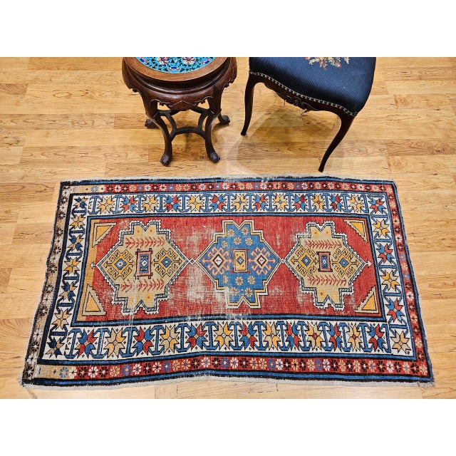 Textile Vintage Handwoven Caucasian Kazak Rug, Geometric Pattern, Red & Ivory, 4' x 7' For Sale - Image 7 of 18