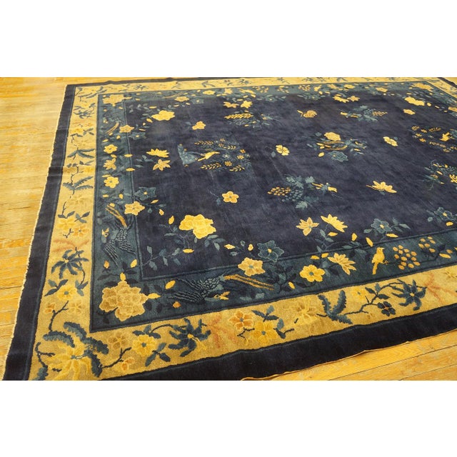 1920s Blue Navy Floral Antique Chinese Peking Rug 9' X 11'6'' Handknotted Wool Carpet For Sale In New York - Image 6 of 14