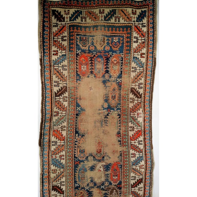 Shabby Chic Antique Caucasian Kazak Runner, Allover Paisley Pattern, Handwoven Wool, Blue & Ivory, 3’ x 9’ For Sale - Image 3 of 8