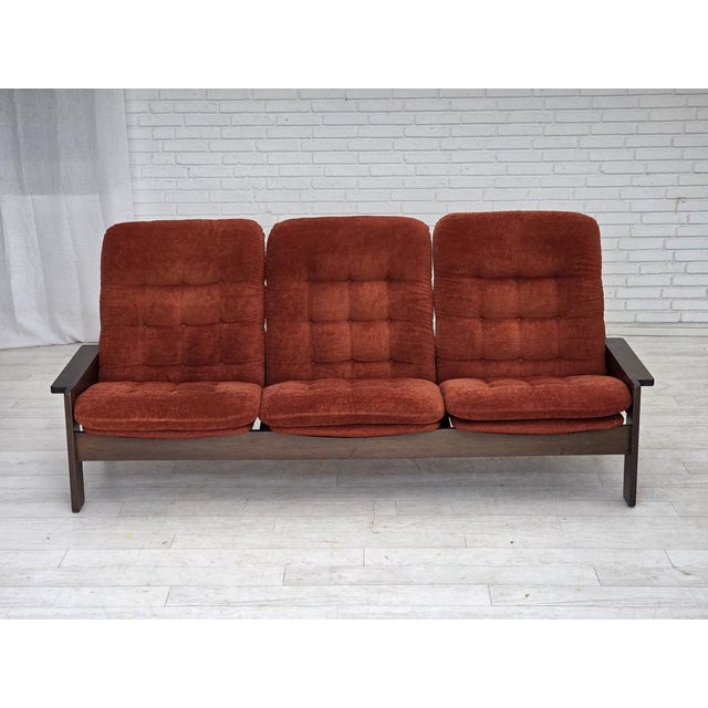 1970s, 3-seater Danish sofa. Original orange/red furniture velour, oak wood. Original very good condition: no smells, no...