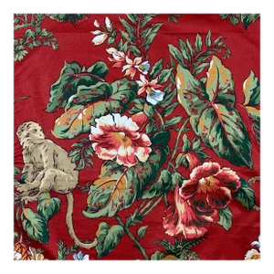 Designer Ronald Redding York Textiles Brown Green Red Botanical Floral Jungle Hibiscus Monkey Palm Frond Tropical Fabric Sample
