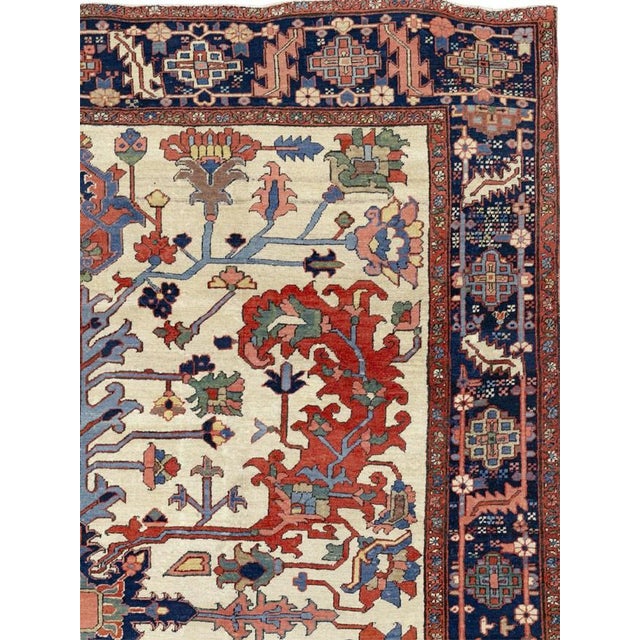 Rustic Ivory Square Antique Serapi Rug no. 10963 For Sale - Image 3 of 7