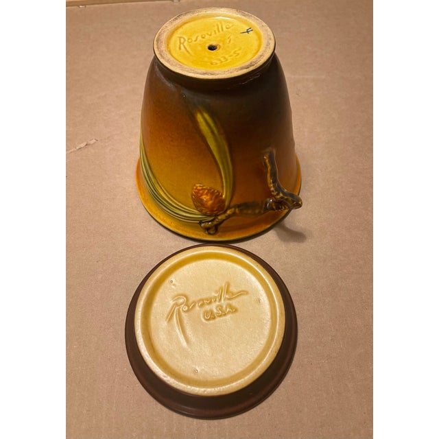 1930s Ext Rare #633-5 Roseville Pine Cone 2-Handled Flower Pot With Saucer Underplate Brown Green Blue Orig Stamp For Sale - Image 11 of 12