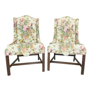 Vintage Georgian Style Camelback Shallow Wing Chairs With Walnut Legs - a Pair