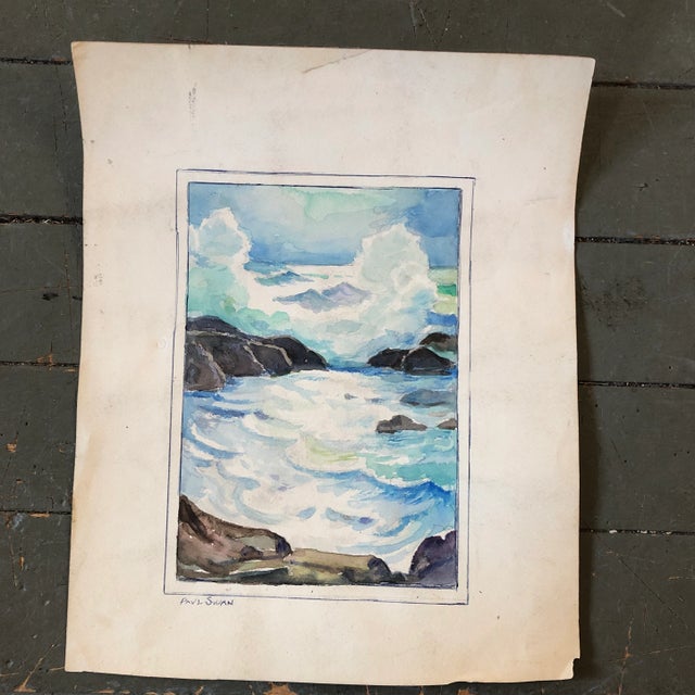 1950s Original Vintage Paul Swan Rocky Seascape Watercolor Painting Signed For Sale - Image 5 of 5
