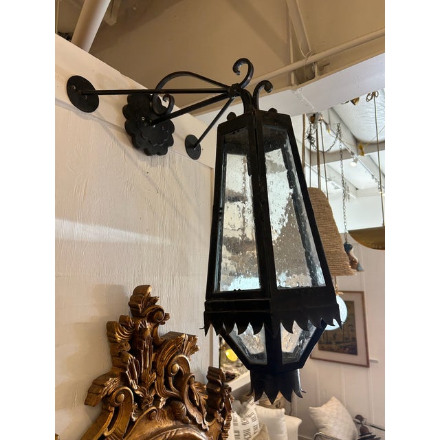 Mid 20th Century Vintage Iron Lantern Wall Sconces With Glass Seeded Panels - a Pair For Sale - Image 5 of 17