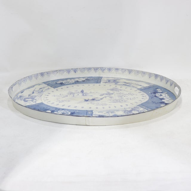 Vintage Blue and White Tole Tray - Hand Painted Chinoiserie Landscape and Floral Oval Serving Tray For Sale - Image 4 of 16