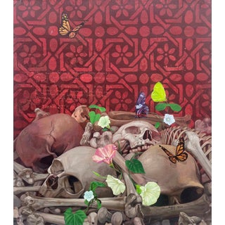 Light in the Darkness (IV) by Ifeoluwa Alade | Acrylic and Glow in the Dark Medium on Canvas featuring skulls and butterflies For Sale