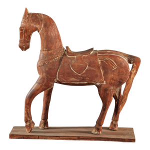 Circa 1950 Rustic Vintage Carved Wood Horse with Saddle on Stand