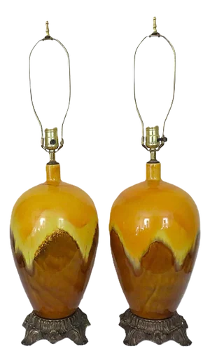 Pair of Ceramic Table Lamps Mid Century Modern Lava Drip Glaze
