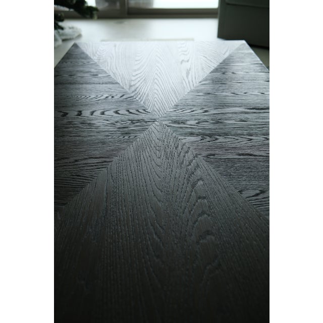 Restoration Hardware Modern Cerused Dark Oak Plinth Coffee Table With Starburst Veneer Top & Brass Inlay For Sale - Image 4 of 12