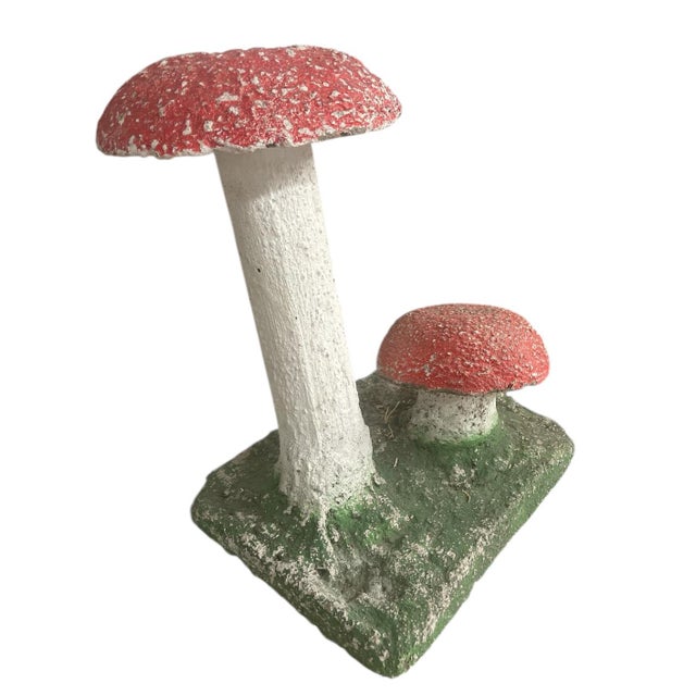 English Vintage Concrete Mushroom Garden Sculpture – 19” Tall – Whimsical Double Toadstool For Sale - Image 3 of 8