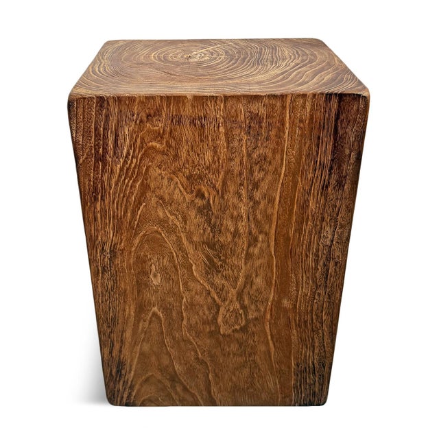 Vintage solid teak wood block side table celebrating the raw beauty and natural movement of the grain. Clean monolithic...