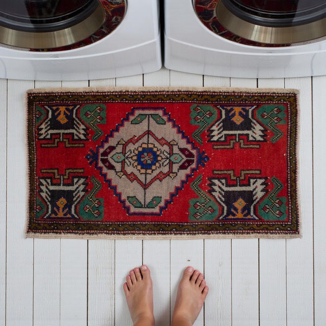 Mediterranean Hand Knotted Small Oushak Rug Faded Mini Rug Mat - 1'8" X 3' For Sale - Image 3 of 13