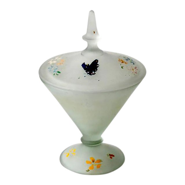 Vintage Hand-Painted Satin Glass Covered Candy Dish For Sale