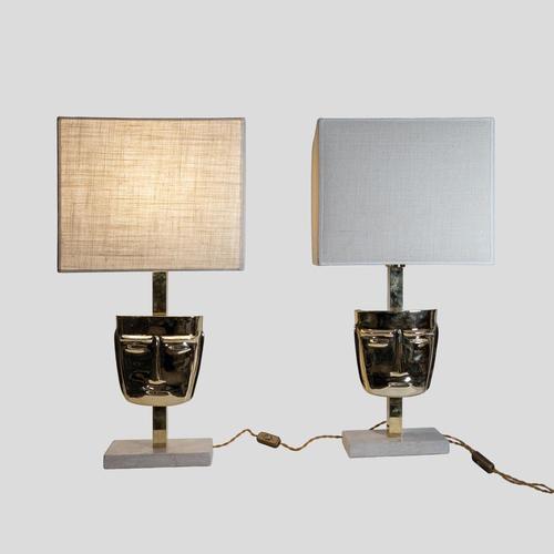 Vintage Brass Sculpture Face Mask Table Lamps, 1970s, Set of 2 For Sale - Image 3 of 11