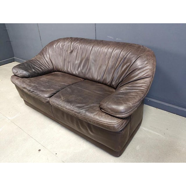 Brown Vintage Brown Leather Sofa Set, 1970s, Set of 2 For Sale - Image 8 of 14