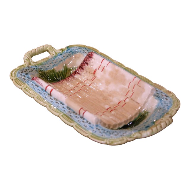 Early 20th Century French Barbotine Asparagus Serving Platter With Handles For Sale