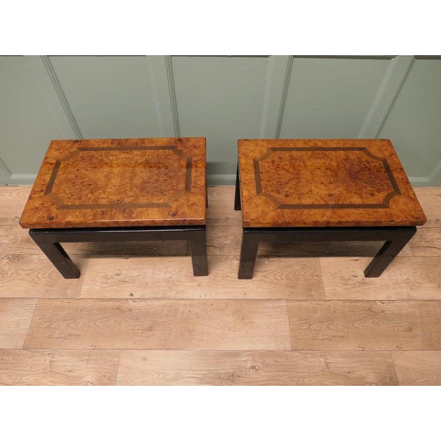 A Super Pair of Post Modern Floating Top Low Tables This is a very attractive pair of Floating Top Burr Walnut & Black...